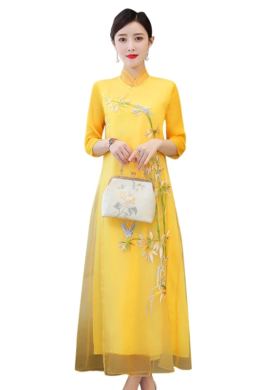 

COIGARSAM 4XL Plus Size Chinese Style Women dress New Summer Cheongsam Vintage Dresses Yellow White 6871