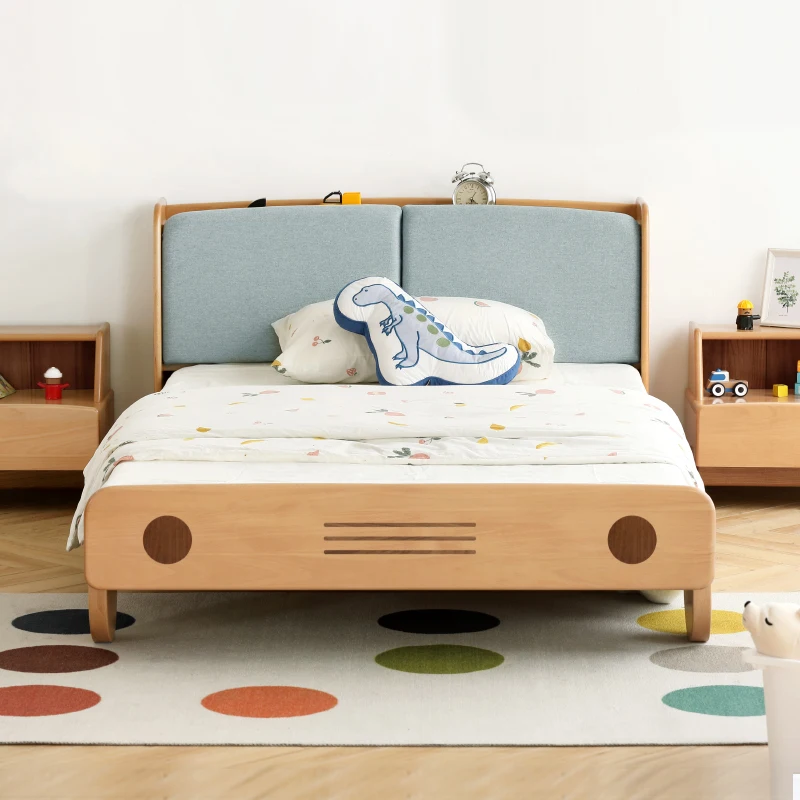 

Children of completely real wood bed modern European beech boy car bed Nordic cartoon twin bedroom