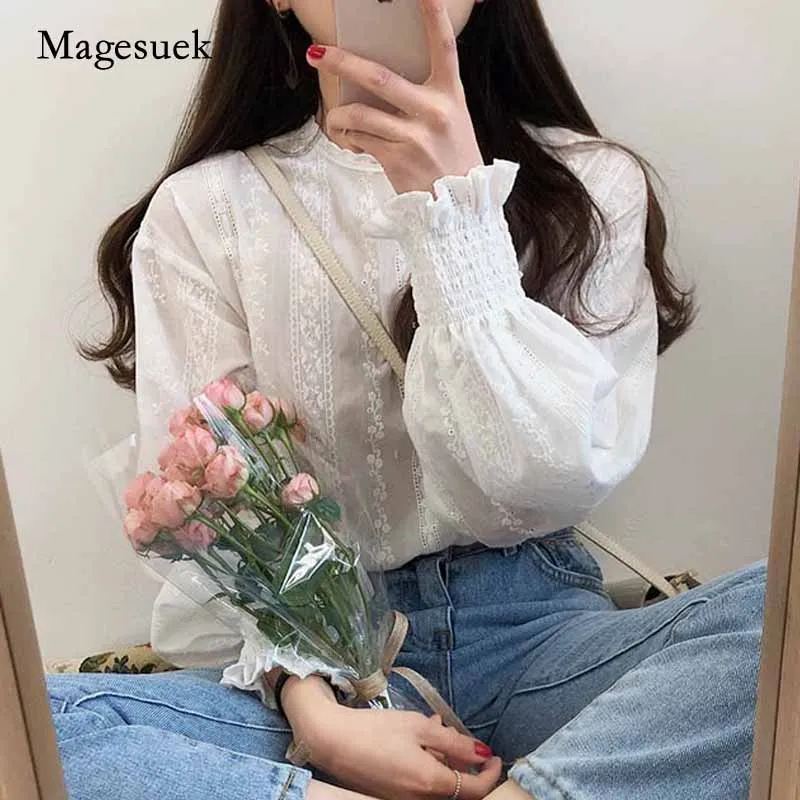 

Embroidery O-Neck Spring Women Long Sleeve Lace blouses Linen Cotton Blouse Lantern Sleeve Casual White Tops blusas 6874 50