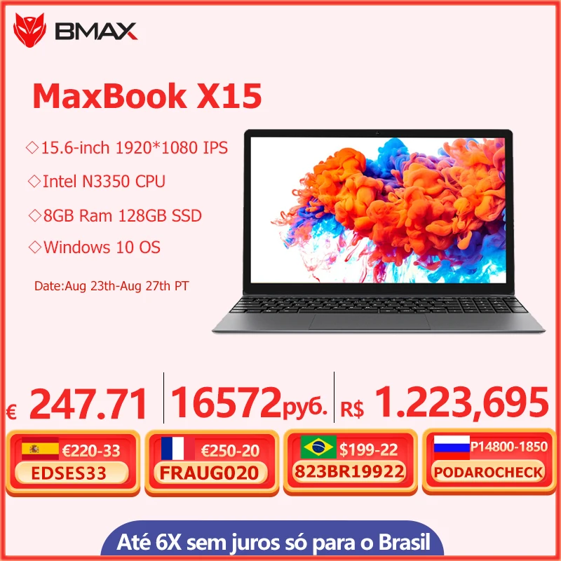Get BMAX X15 15.6Inch laptop Intel 4120 CPU  Quad Core windows10 Notebook 1920*1080 8GB RAM 128GB SSD Dual Wifi HDMI USB GameLaptops
