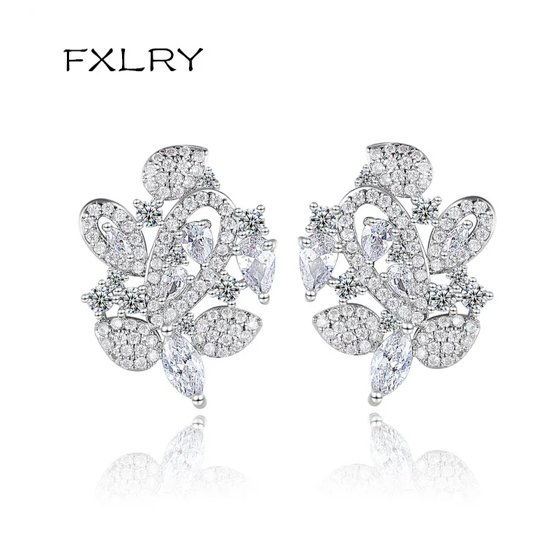 

FXLRY High Quality White Cubic Zircon Stud Earrings for Women Bridal Wedding Jewelry