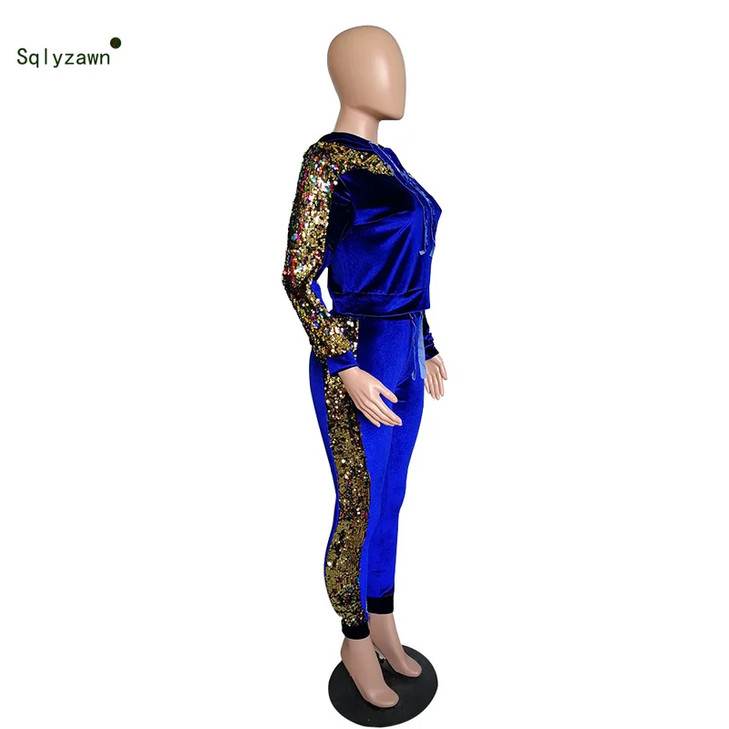Autumn Winter Velvet Sequins Two Piece Tracksuit Women Long Sleeve Hooded Sweatshirt Top Jogger Pants Velour Matching Outfit | Женская