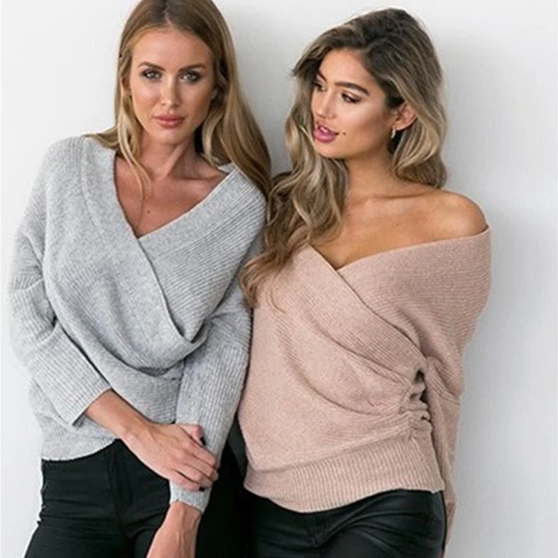 Женский вязаный свитер сексуальный пуловер с вырезом в виде буквы V Повседневный