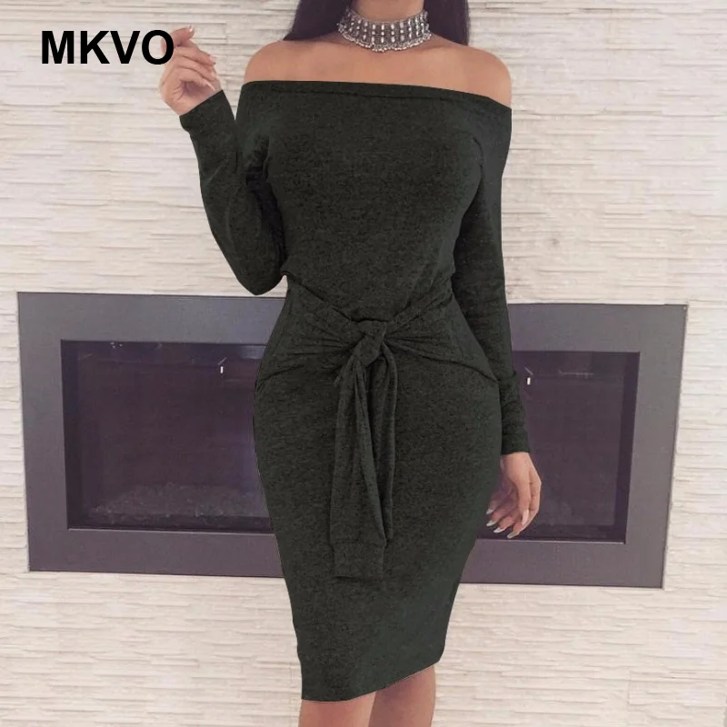 Осеннее и зимнее Сексуальное женское платье с открытыми плечами поясом на