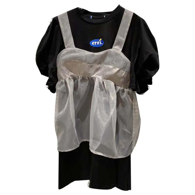 

2021 Summer New Letter Embroidered Mesh Waistcoat Vest Bubble Sleeve T-shirt Two-Piece Set woman tshirts