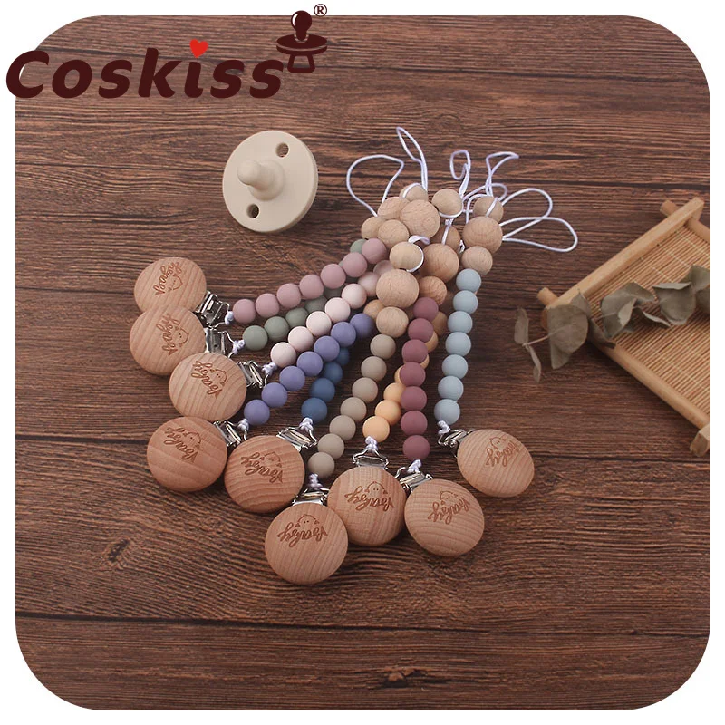 Coskiss-chupete de nombre personalizado del beb&eacute;, Clips de cuentas de haya hechas a mano, cadenas de silicona para chupete, cadena de dentici&oacute;n para ni&ntilde;os peque&ntilde;os-0