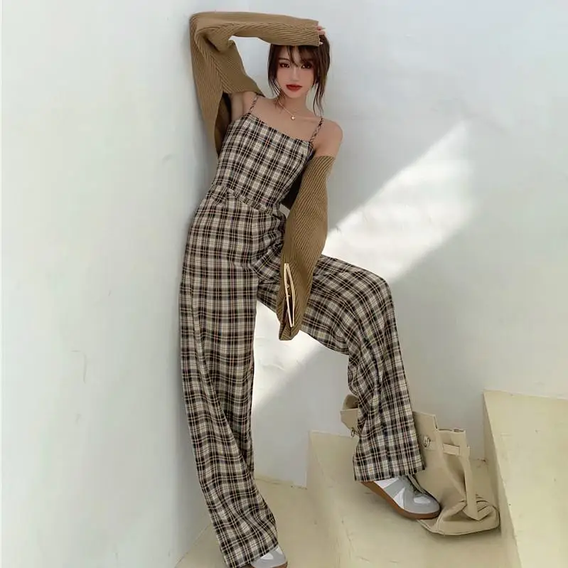 

ZHISILAO Plaid Sleeveless Jumpsuits Women Retro Lattice Wide Leg Straight Pants Streetwear Camis Romper Bodysuit Loose Playsuits