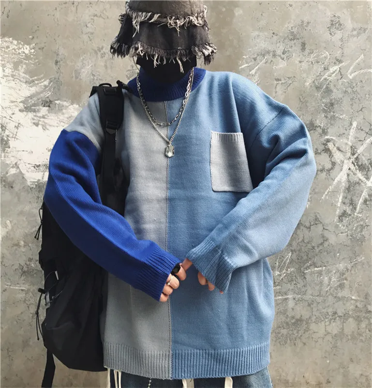 Winter Turtleneck Sweater Men's Warm Fashion Contrast Casual Knit Pullover Men Streetwear Hip Hop Knitting Sweaters Male Clothes