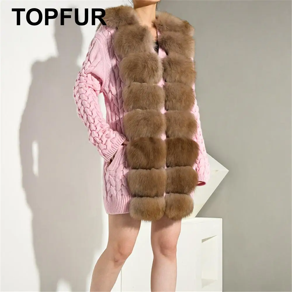 Женское трикотажное пальто TOPFUR розовое с воротником из лисьего меха и длинными