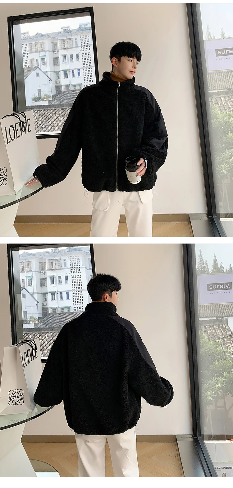 

2020 Autumn And Winter New Youth Popular Loose Color Matching Thick Lamb Wool Coat Fashionable Casual Stand Collar Jacket