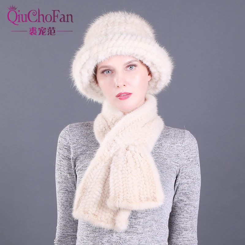 Зимние шапки из натурального меха норки и прямой набор шарфов вязаные женские