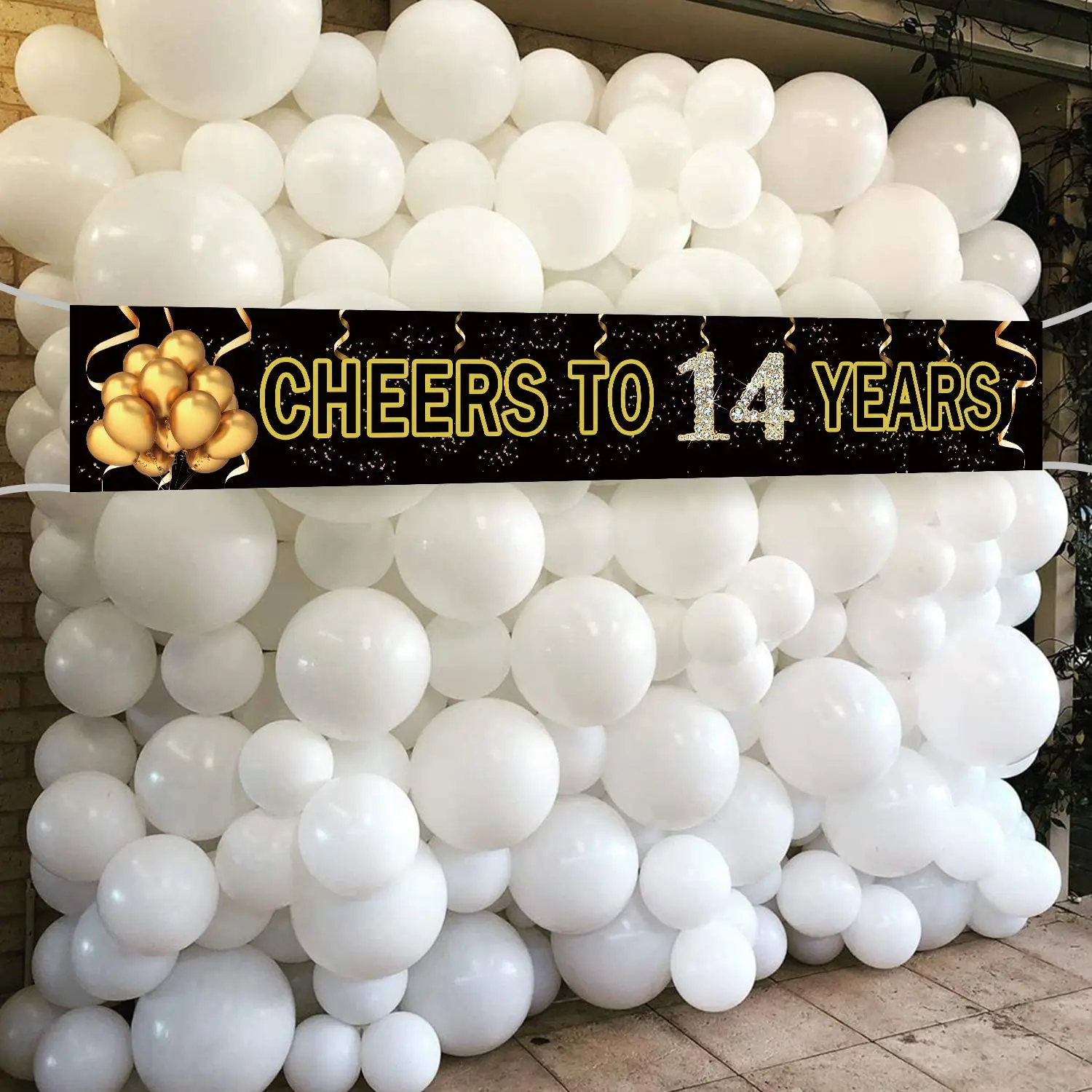 Cartel de oro negro de 14 a&ntilde;os, suministros de decoraci&oacute;n para fiesta de aniversario-0