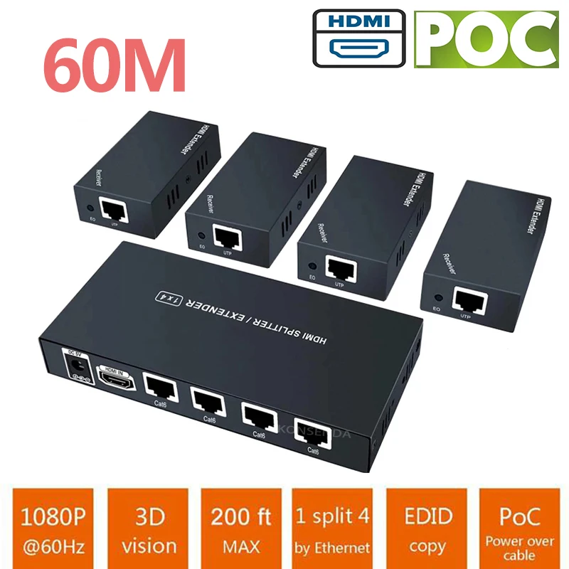 

1x4 HDMI удлинитель RJ45 60 м HDMI разделитель UTP продлить 1080P HDMI Cat5e Cat6 расширитель HD HDMI удлинитель передатчик приемник для PS5