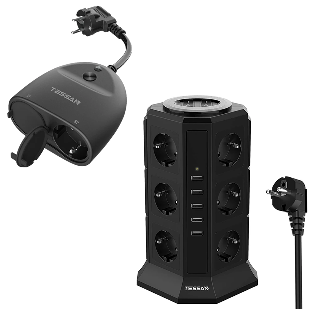 

TESSAN 12-Way Socket Strip, Multi Socket Power Strip, Socket Tower and 5 USB Charge Ports with 2.0M Cable with Surge Protection