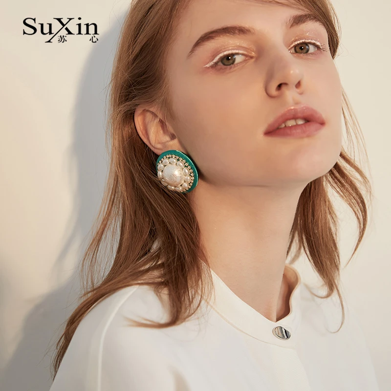 

SuXin earrings 2020 new simple retro green round earrings for women long section artificial pearl pendant earrings jewelry gift