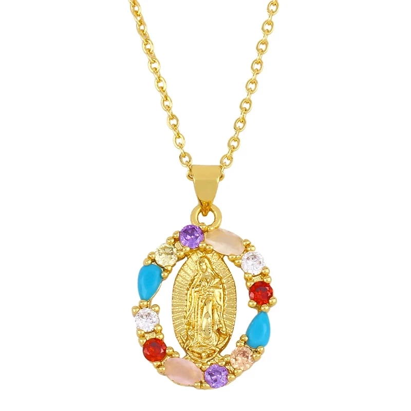 

Rainbow Virgin Mary Pendant Necklaces For Women With Crystal Cross Necklaces Gold Cubic Zirconia Religious Jewelry
