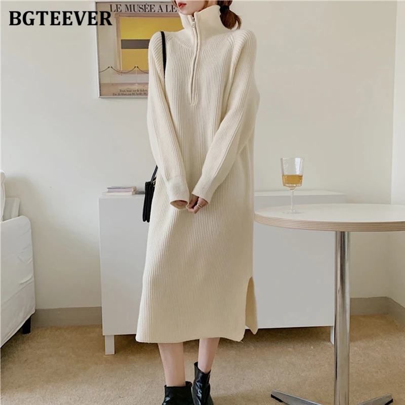 

BGTEEVER Elegant Turtleneck Zippers Thicken Women Knitted Dress 2021 Autumn Winter Full Sleeve Loose Female Sweaters Dress