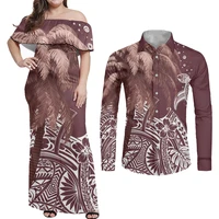 hycool coconut tree print hawaiian 5xl 6xl plus size couples matching clothing set off shoulder wedding party outfits for women