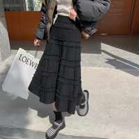 tassel autumn winter wrinkled black mid long skirt women 2021 korean casual high waisted a line knitted skirts falda plisada