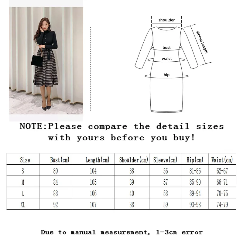 

Sllsky Breasted Houndstooth And Knitted Plaid Patchwork Women black Long Sleeve O-neck Lace-up Pleated Elegant Midi Dresses