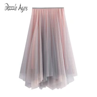 dazzle ages women long pleated skirts a line high waist loose irregular mesh fashion elegant tulle solid casual female clothes