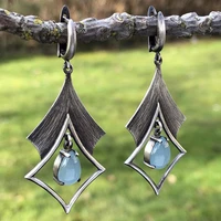 new vintage antique silver color carving drop earrings for women geometric hollow water drop gemstone earrings jewelry pendient