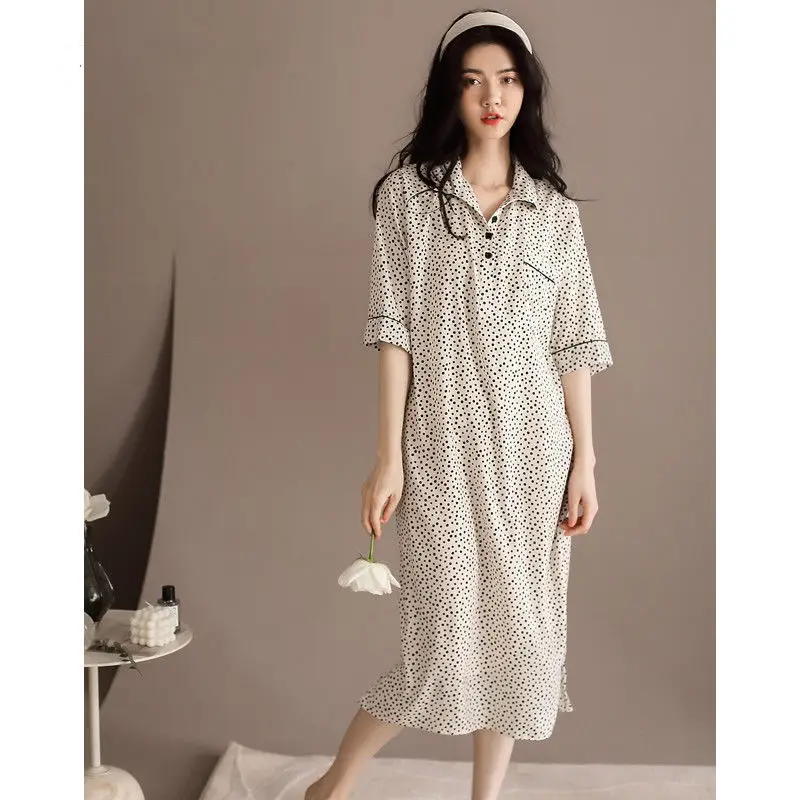 

Silk Nightdress Woman Korean Elegant Sleepwear Summer 2021 Nightie Long White Dress Polka Dot Nightwear Simplicity Loungewear