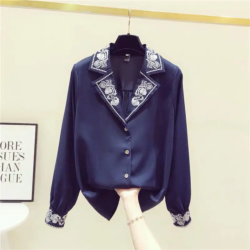 

Spring 2021 New Embroidered Chiffon Long Sleeve Shirt V-neck Women Shirts Blouse Office Lady Solid Top Plus Size XXL