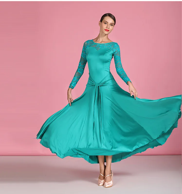 

Women adlut modern dance skirt ballroom dance training dress costumes waltz tango rumba long sleeve lace full-skirt dress S9064