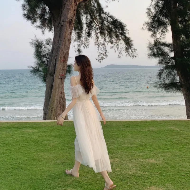 

Summer Sexy Sweet Lolita Dress Women Low Chest Off Shoulder Bandage Fairy Mesh Dress Female