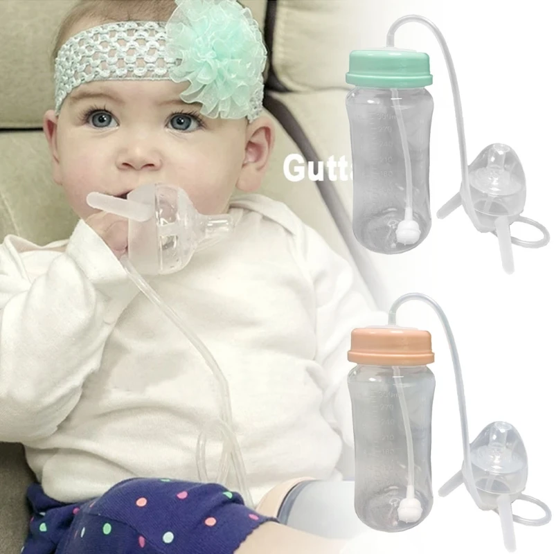 

300 ml Self-Feeding Baby Bottle with Long Straw Tube Handless Imitation Milk Weaning Bottle Anti-Colic Nursing Feeding System