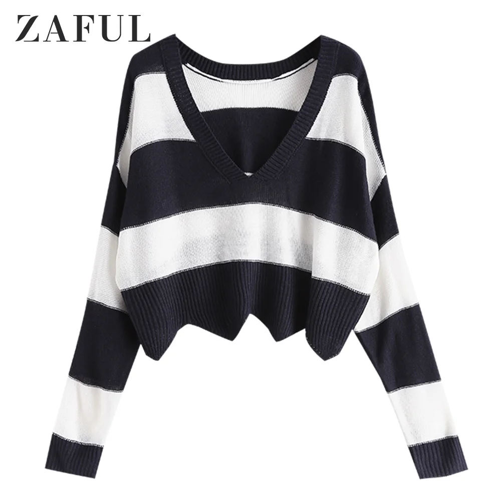ZAFUL x Alexis Ricecakes двухцветный полосатый свитер с глубоким вырезом и спущенными