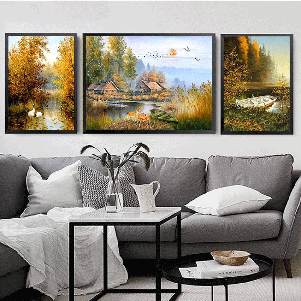 

European Garden Landscape Triplet Oil Painting Posters And Prints Wall Painting Living Room Home Decor