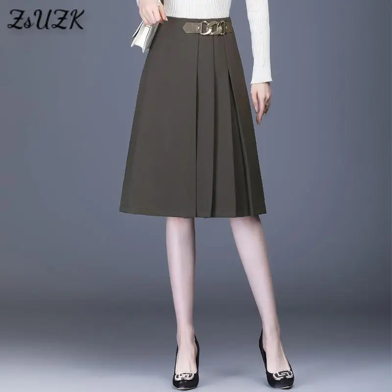 

Women Pleated A-line Skirt Spring Autumn Knee Length Skirt Office Lady Elegant High Waist Loose Suit Skirts Black