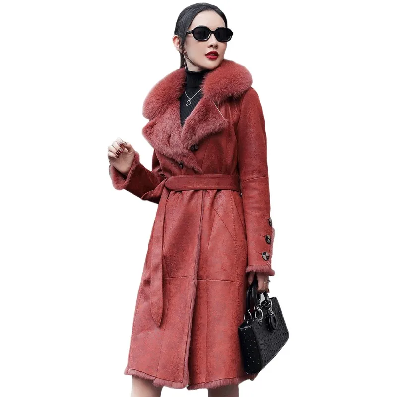 

Rabbit Elegant Ladies Natural Shearling Overcoat Real Fox Fur Collar Long Jacket Belted Womens Genuine Leather Outwear Coats
