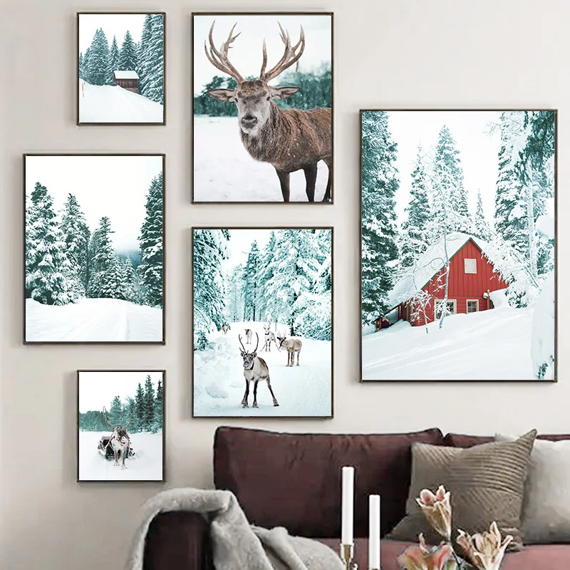 Современный пейзаж, Картина на холсте, Скандинавская Настенная картина, модный лес, снежный пейзаж, декор в виде оленя TERS для декора гостиной