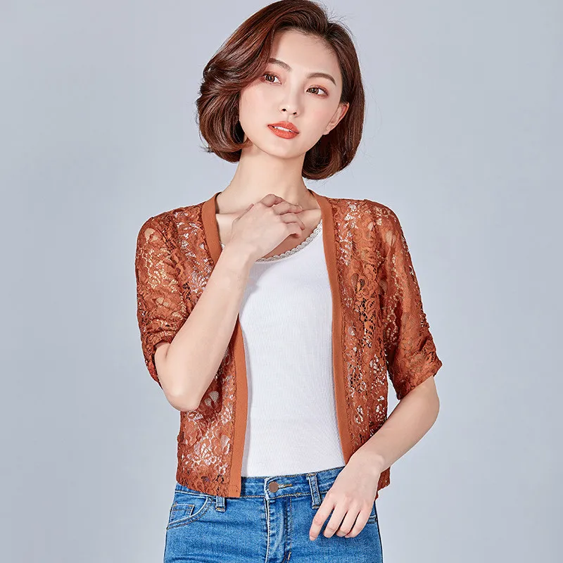 Короткая летняя рубашка абрикосового цвета с защитой от солнца женские топы