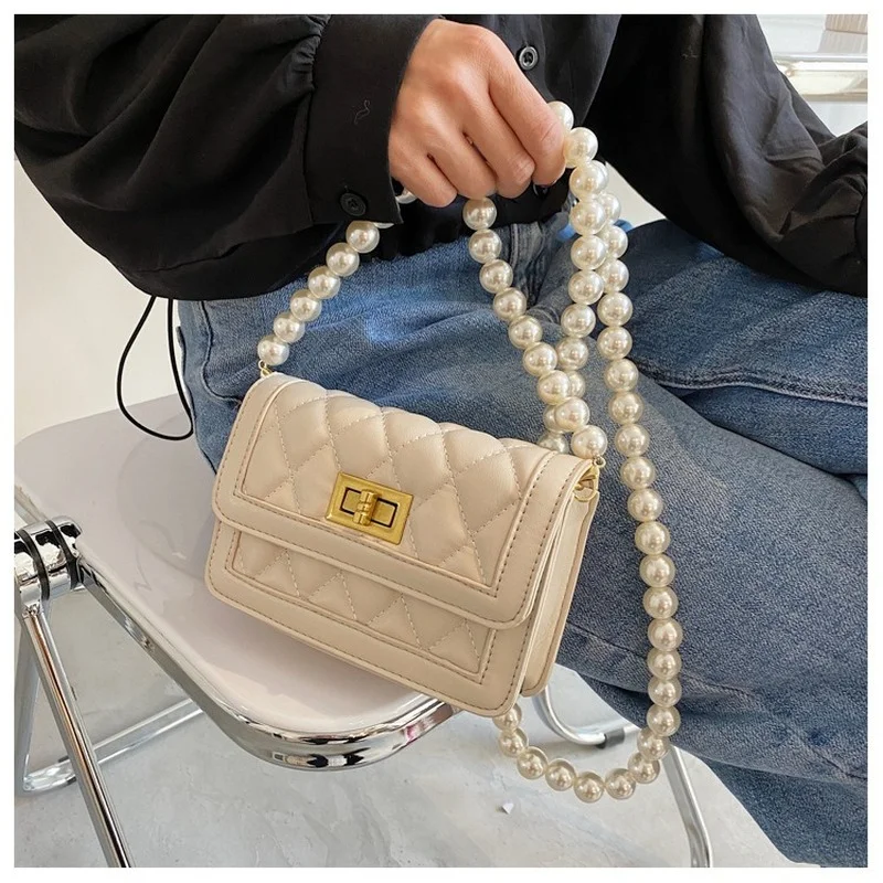 

Textured Western Bag 2021new Trendy Gentle Style Rhombus Handbags Pearl Chain One-shoulder Small Square Bag Summer Messenger Bag