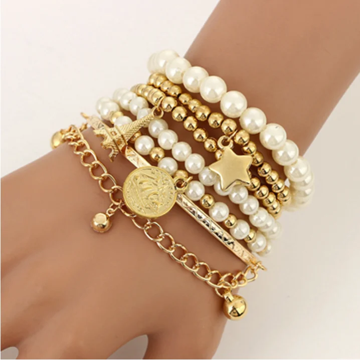 

HuaTang Fashion Gold Beads Multi-layer Beaded Bracelets Stars Gold Coins Human Head Tower Party Charm Bracelet Jewelry 5483