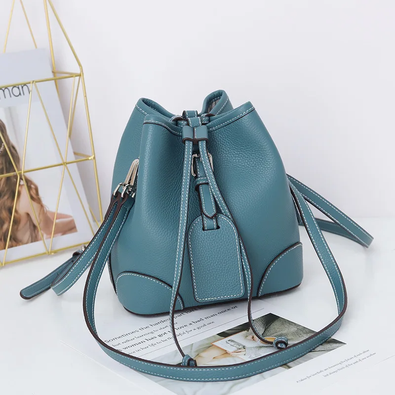 

Genuine Leather Drawstring Bucket Bag Women Leather Shoulder Bags Luxury Brand Designer Mini Crossbody Bag Female Totes Purse