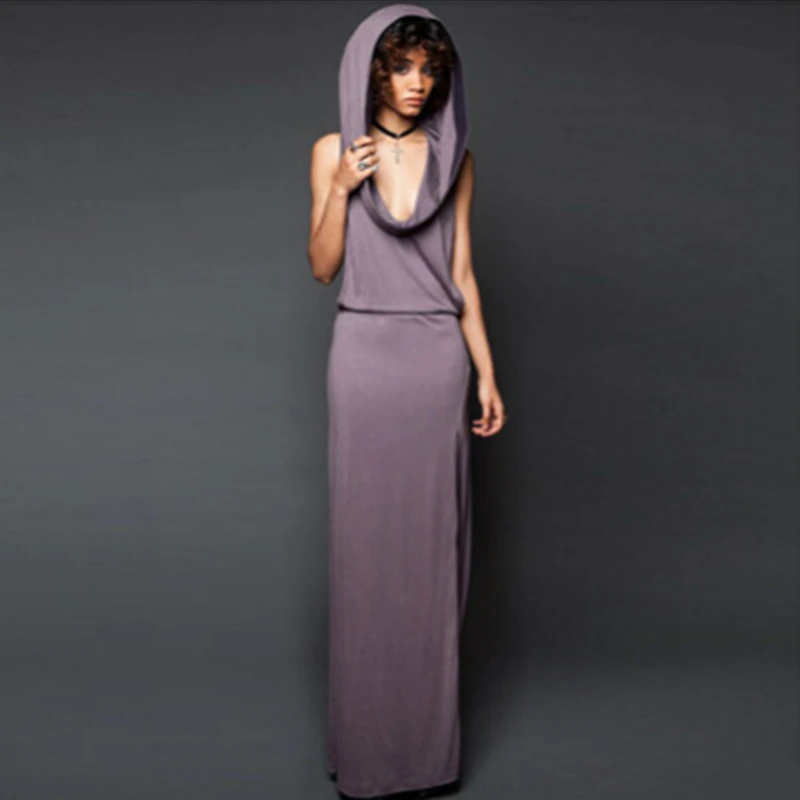 Imily Bela Vintage Hooded Maxi Dress Women Sexy Sleeveless Side Slit Split Bodycon Long Dress Femme Rome Open Side Vestidos