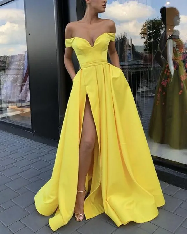 

Yellow Pink Prom Dresses 2020 Off the Shoulder High Slit Long Prom Gown with Pockets vestidos de fiesta largos elegantes de gala