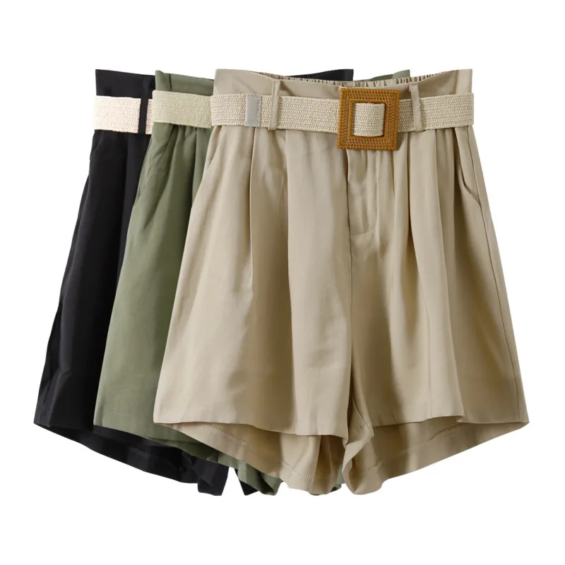 

2021 Summer New Cotton Loose Women Suit Shorts High Waist Solid Color A-line Wide Leg Shorts Thin Five Point Pants With Belts