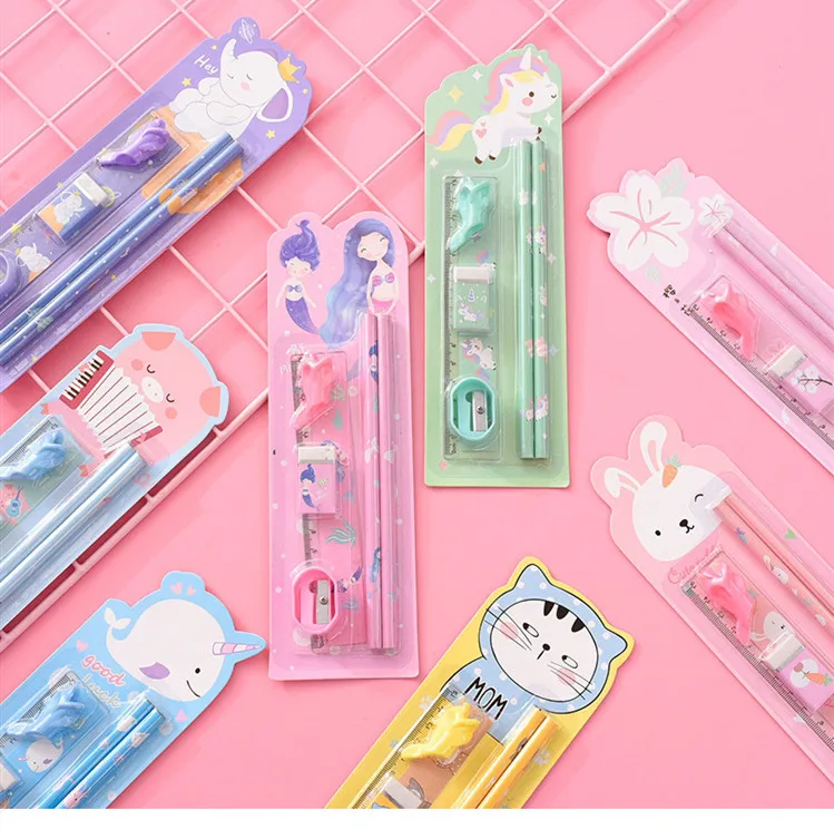 1 Набор Kawaii Мультфильм Единорог кролик HB деревянные карандаши для детей эскиз исследования карандаши с линейкой ластик Ручка точилка подарочный набор