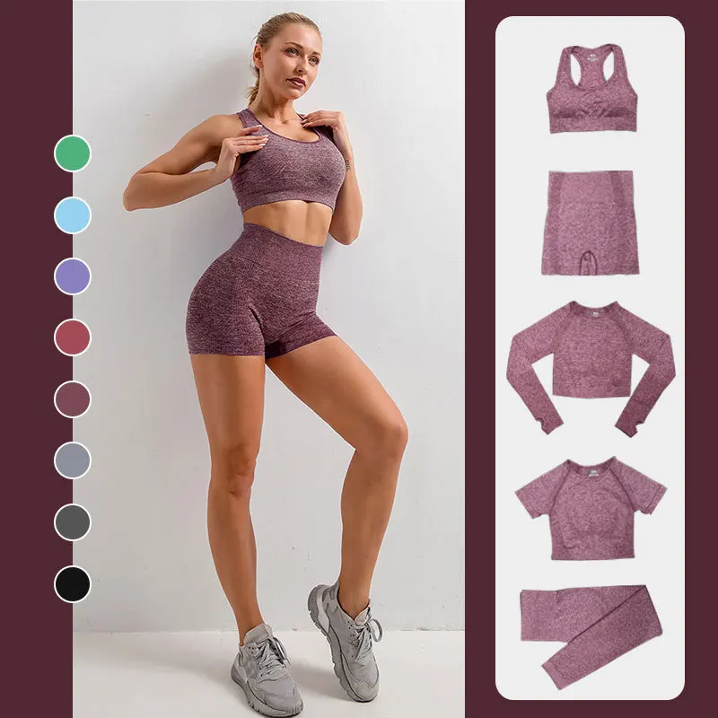 

Женский бесшовный комплект для йоги, спортивная одежда для тренировок, одежда для спортзала, укороченный топ с длинным рукавом, леггинсы с в...