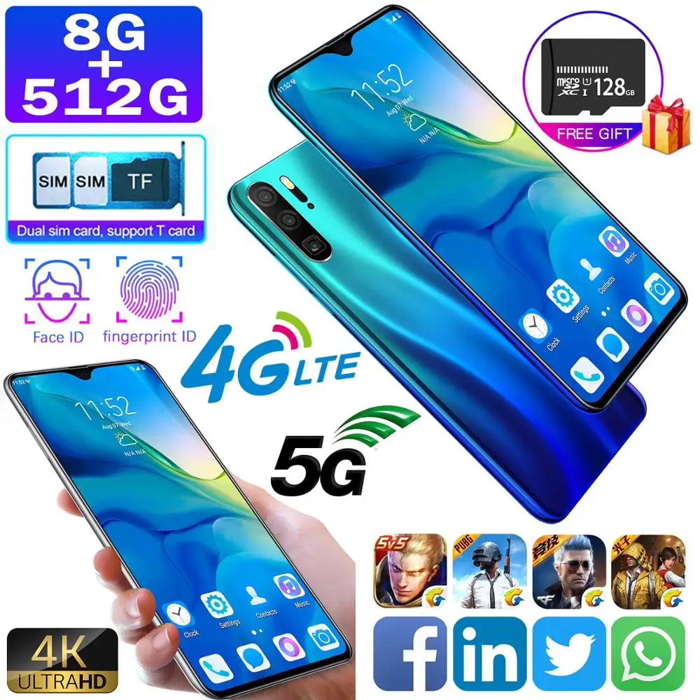 

P30 Pro Smartphone Android 9.0 8GB RAM 512GB ROM 4800mAh MTK6797 Deca Core CPU 6.3"Waterdrop 8+16MP Camera Screen Mobile Phone