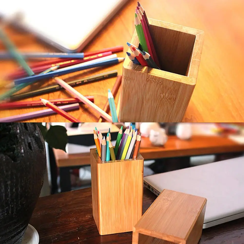 

Square Bamboo Student Desktop Pen Pencil Holder Stationery Organizer Storage Box