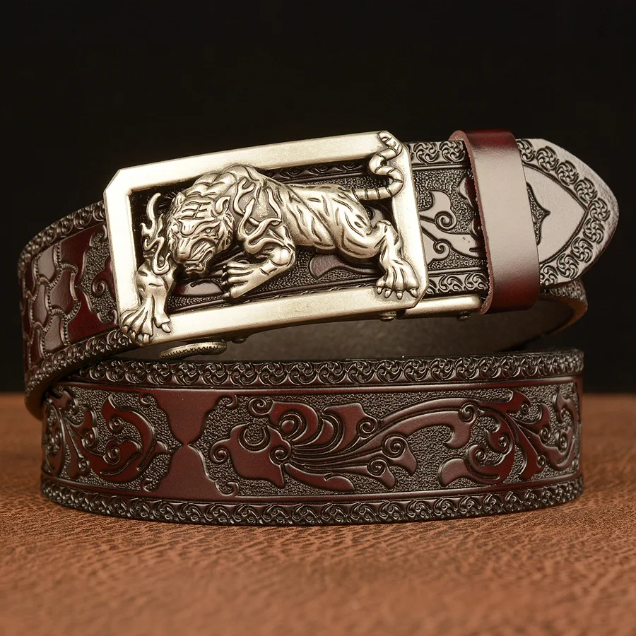 2021 New tiger automatic buckle men's belt real cowhide personalized carved belt casual retro men's belt luxury brand design