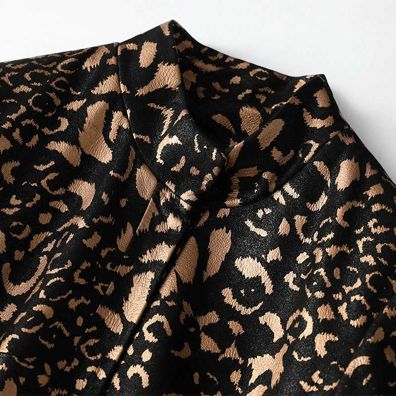 Fall High-End Leopard Print Spring Long Sheepskin Coat Cute Women Single-Breasted Leather Maxi Windbreaker Jacket High Quality