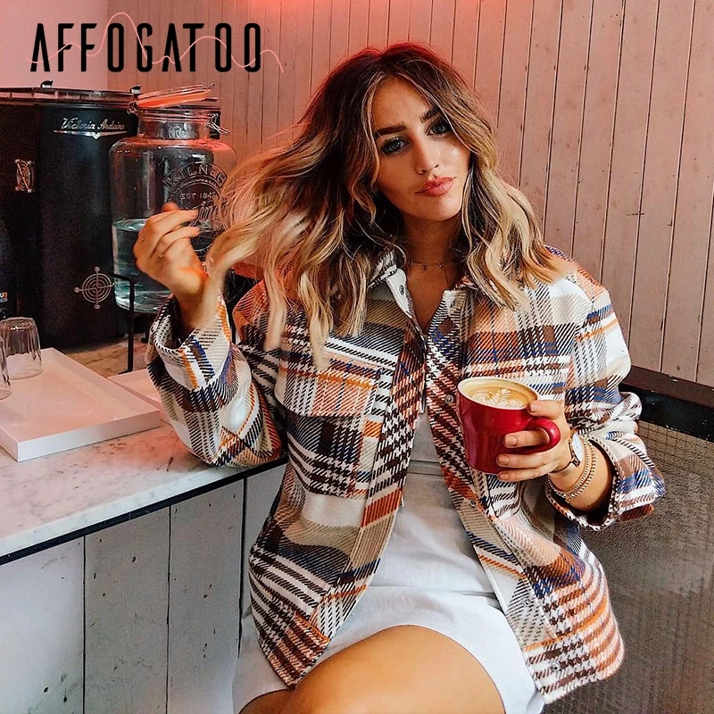 Afogafoo винтажная Повседневная клетчатая осенне-зимняя куртка пальто женская верхняя одежда с длинными рукавами Женское пальто уличный сверхразмерный женский пальто